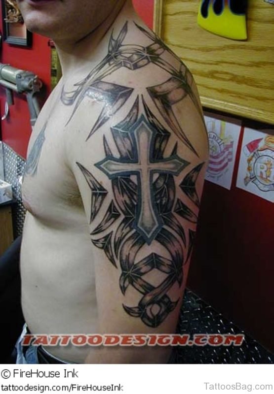 Jesus Cross Sign Tattoo On Left Shoulder