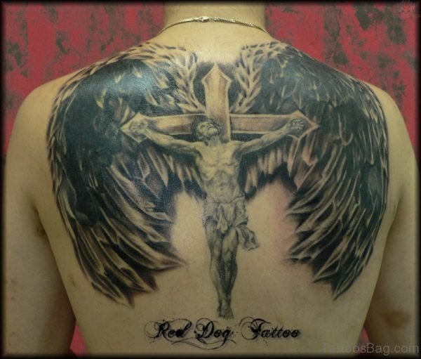 Jesus On Cross And Angel Wings Tattoo 