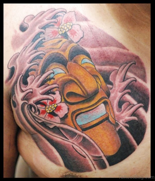 Korean Mask Color Ink Chest Tattoo