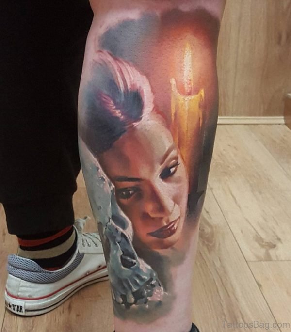 Lady Portrait Tattoo On Leg 