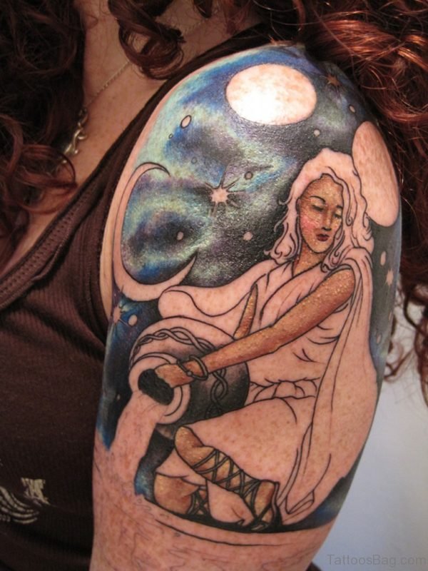Left Shoulder Colored Aquarius Tattoo