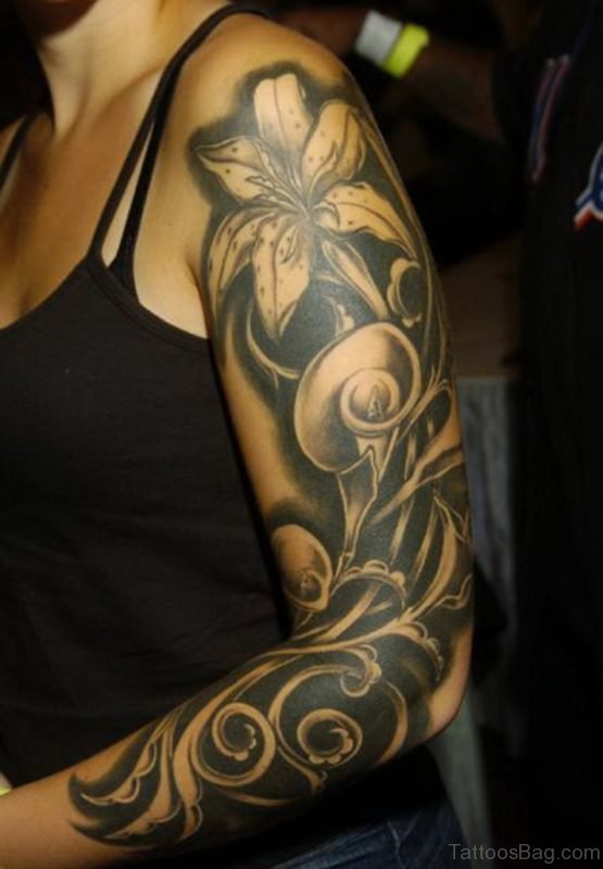 Lily Flower Tattoo On Full Sleeve 
