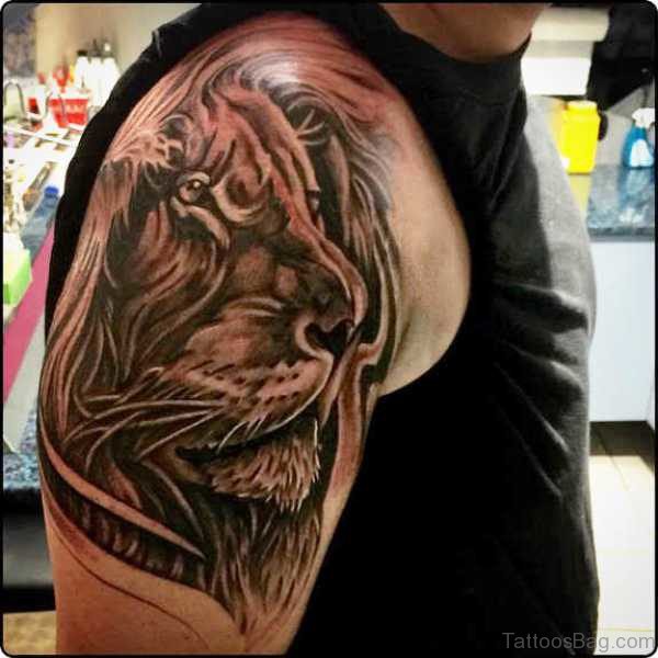Lion Face Tattoo On Shoulder