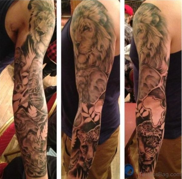 Lion Tattoo Design On Full Sleeve 