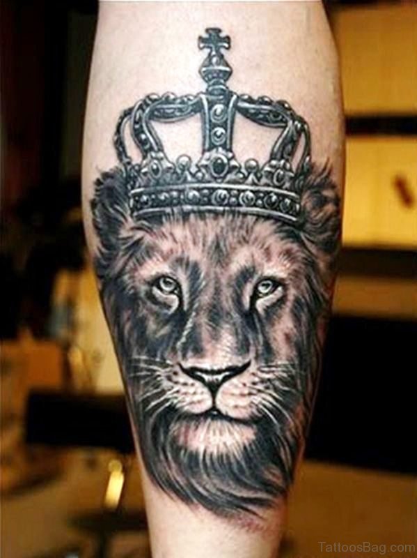 Lion With Crown Tattoo On Calf