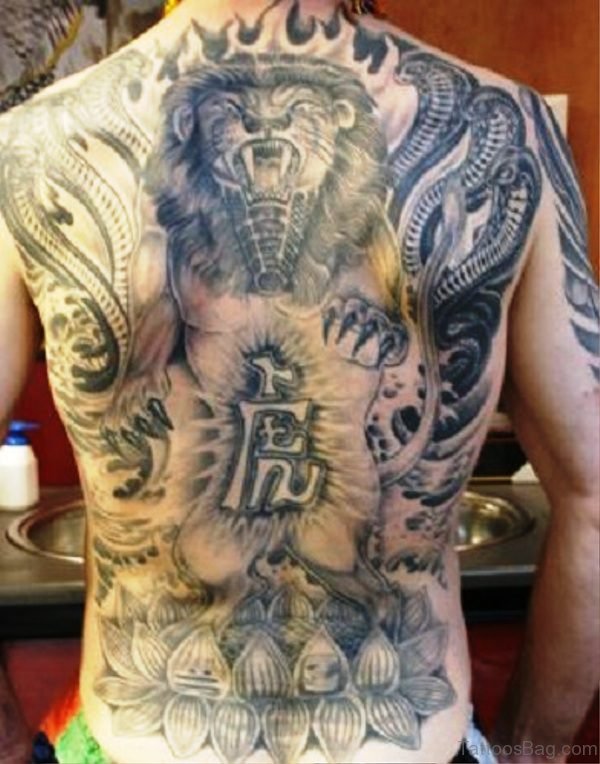 Lion With Snakes Tattoo On Back
