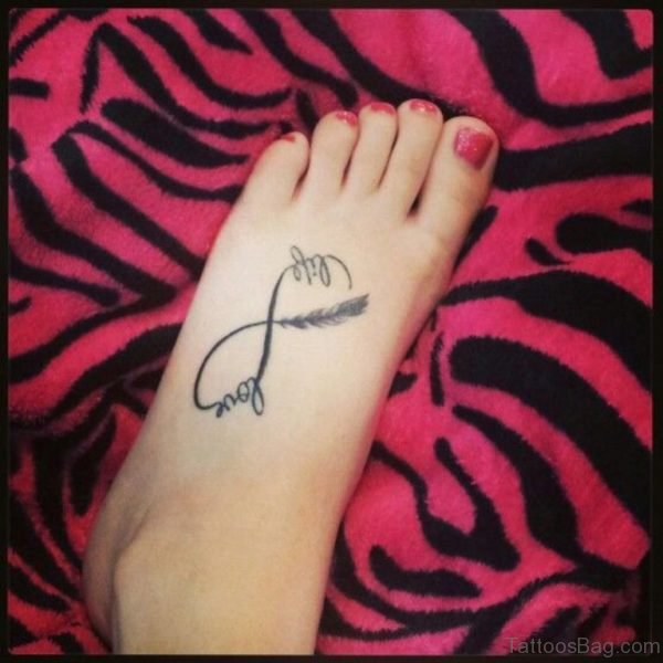 Love Life Feather Tattoo On Left Foot