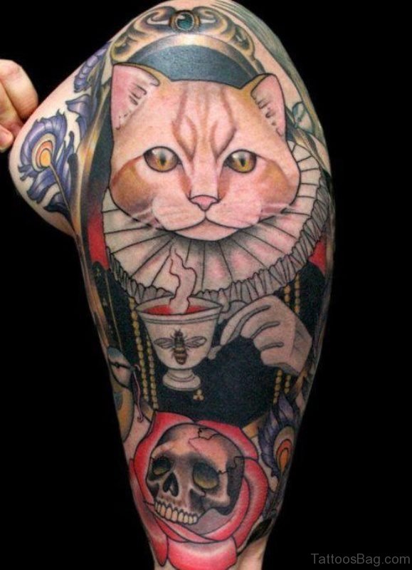 Lovely Cat And Skull Tattoo On Shoulder