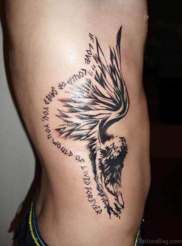 Lovely Wording And Wings Tattoo On Rib 