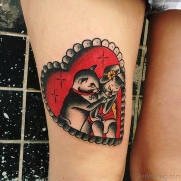 Loving cats Tattoo On Thigh