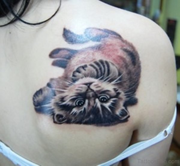 Lying Cat Tattoo On Shoulder Back
