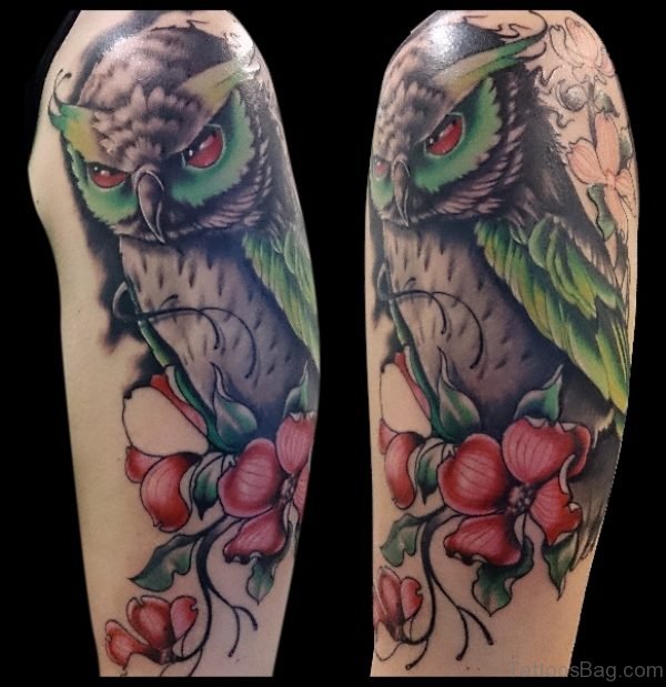 Magnifying Owl Tattoo On Shoulder