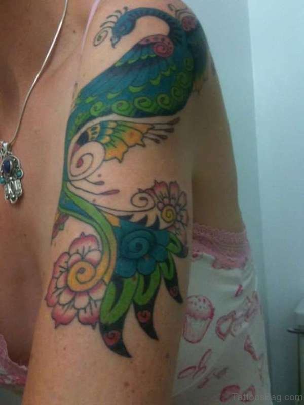 Magnifying Peacock Tattoo On Shoulder