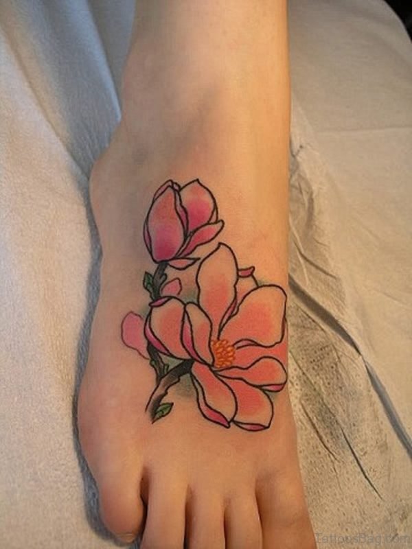 Magnolia Flowers Tattoo On Foot 