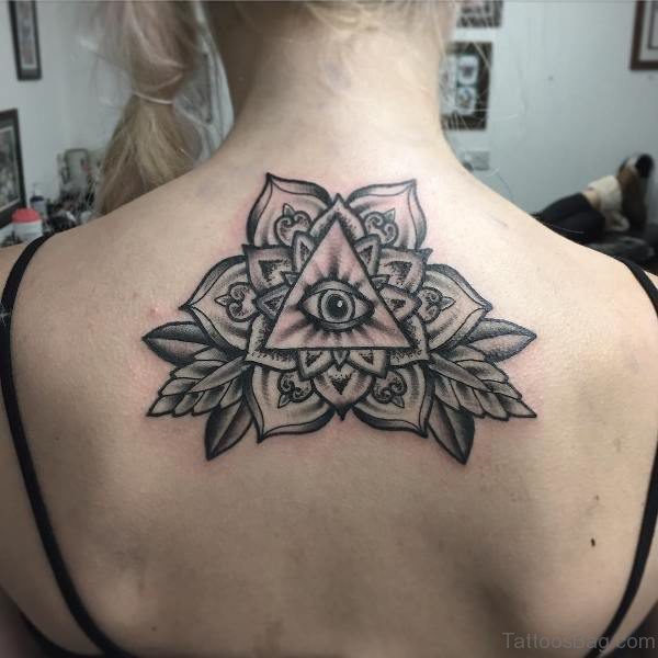Mandala With Eye Tattoo On Neck Back