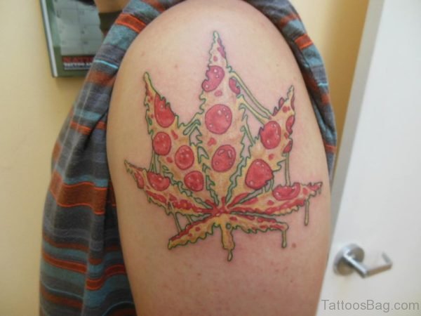 Maple Leaf Shape Pizza Tattoo Design For Shoulder