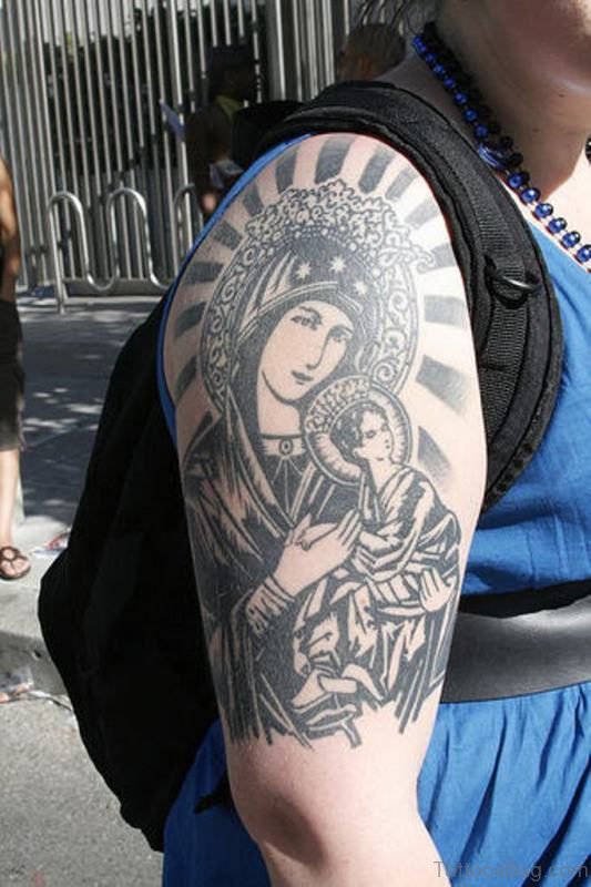 Marry Religion Tattoo On Shoulder