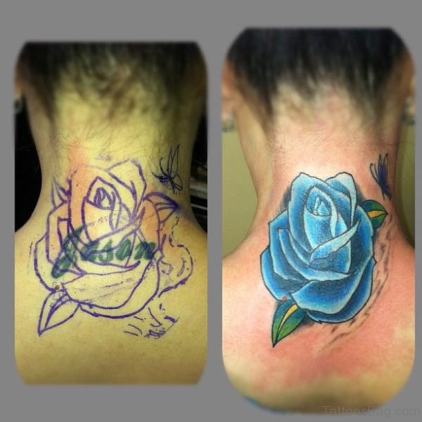 Marvelous Blue Rose Tattoo On Neck