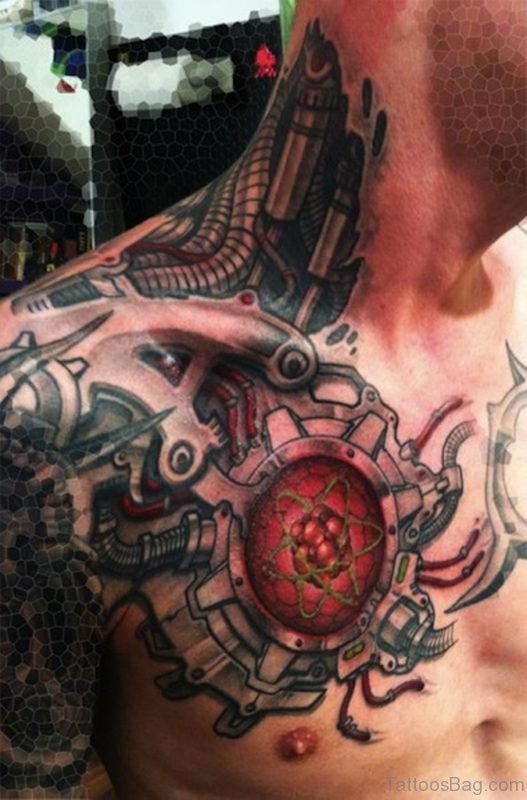 Mechanical Tattoo On Neck And Chest 
