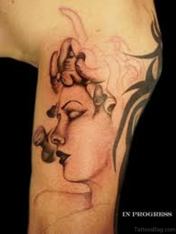 Medusa Face Tattoo On Shoulder 