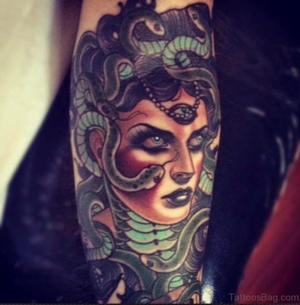Medusa Girl Portrait Tattoo On Leg 