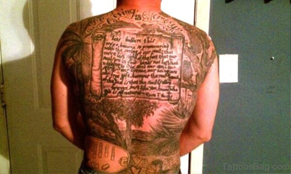 Memorial Scroll Tattoo On Full Back