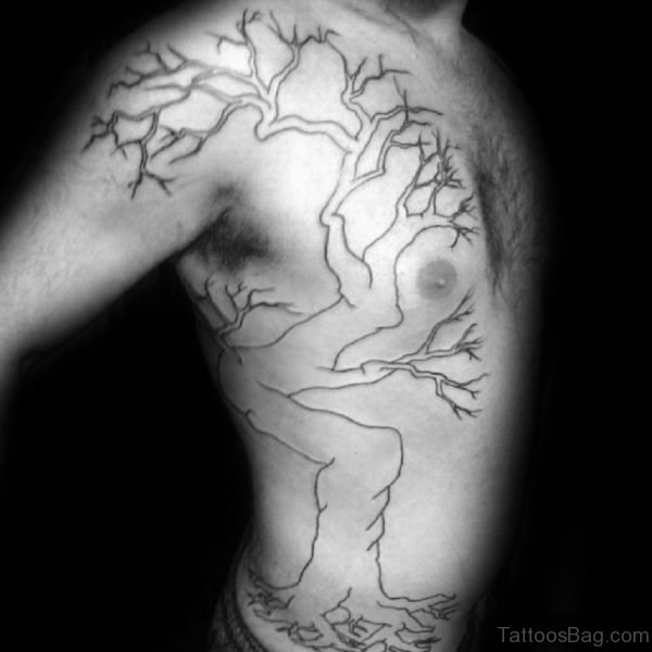 Men Black Ink Outline Family Tree Tattoo On Ribs And Chest