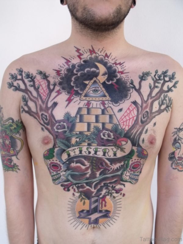 Moon All Seeing Eye And Tree Tattoos On Chest