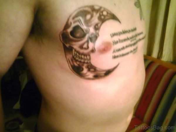 Moon Skull And Script Tattoo On Chest