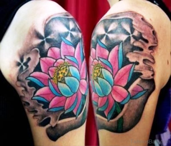 Natural Colorful Flower Tattoo On Shoulder