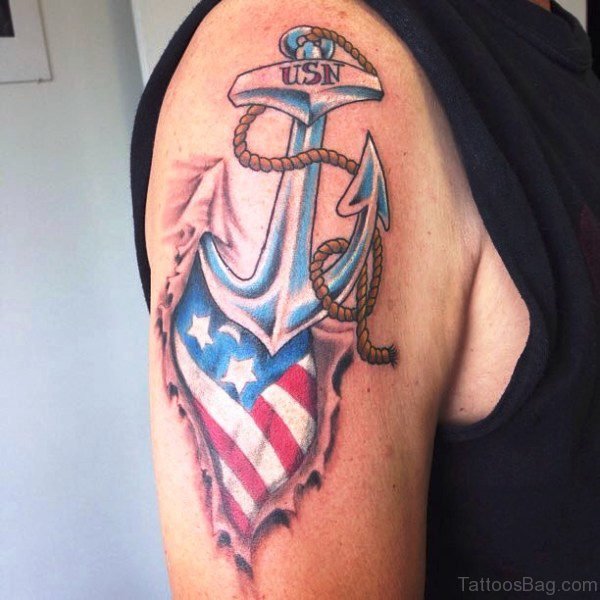 Navy American Anchor Tattoo On Shoulder