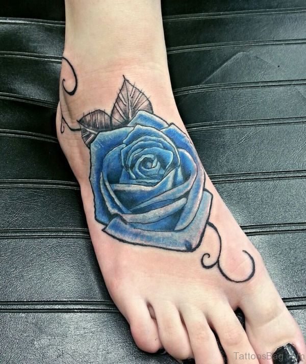 Nice Blue Rose Foot Tattoo