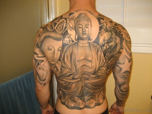 Nice Buddhist Tattoo on Full Back Body 