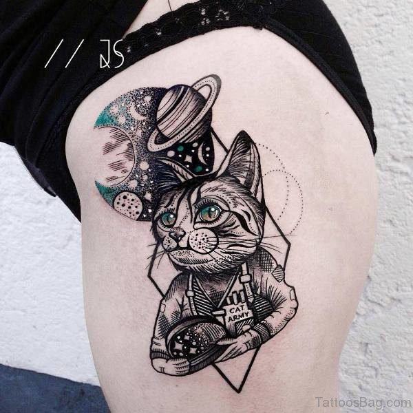 Nice Cat Designer Tattoo On Thigh