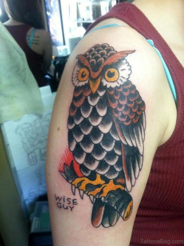 Nice Colored Owl Tattoo On Shoulder