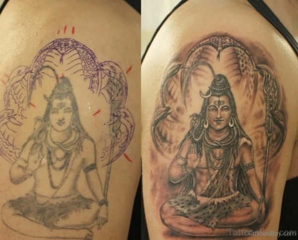 Nice Lord Shiva Tattoo On Shoulder