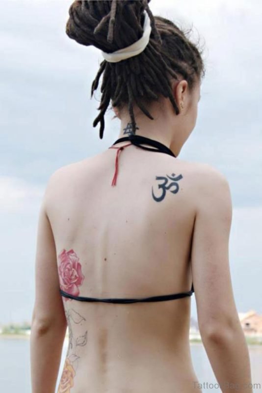 Om Tattoo On Girl Back Shoulder