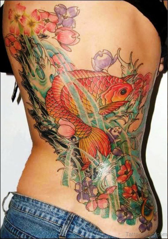 Orange Fish With Flowers Tattoo On Back