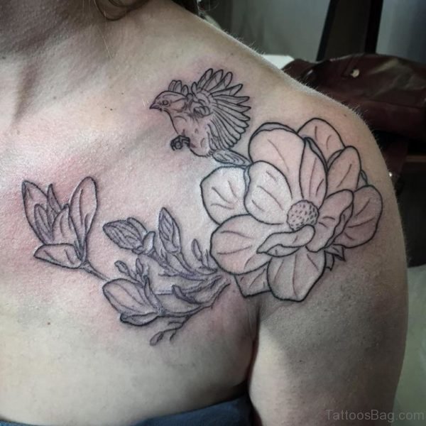 Outline Magnolia Tattoo On Left Shoulder 
