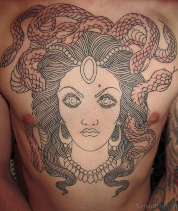 Outline Medusa Tattoo On Chest 