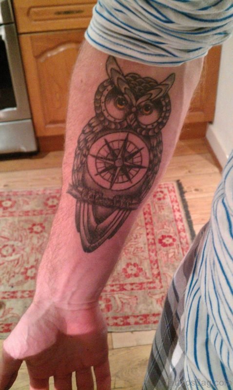 Owl And Compass Tattoo On Arm