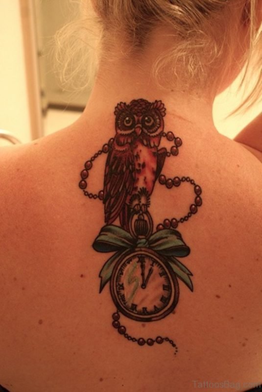 Owl And Compass Tattoo On Back