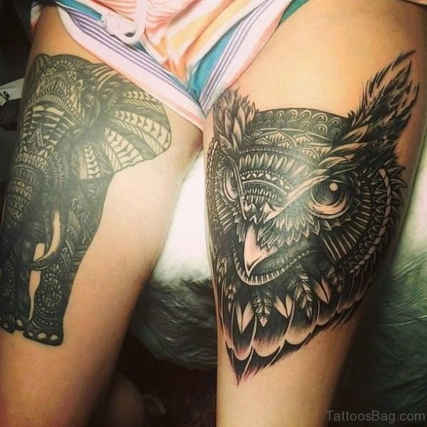 Owl And Elephant Tattoo On Thigh