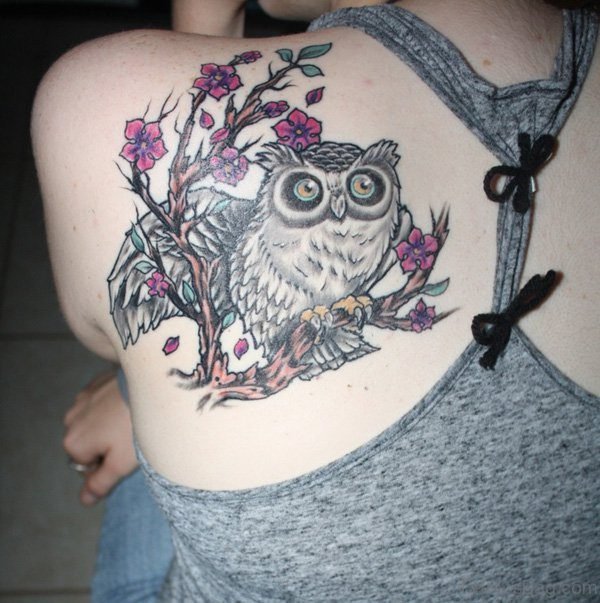 Owl And Flower Tattoo On Shoulder Back