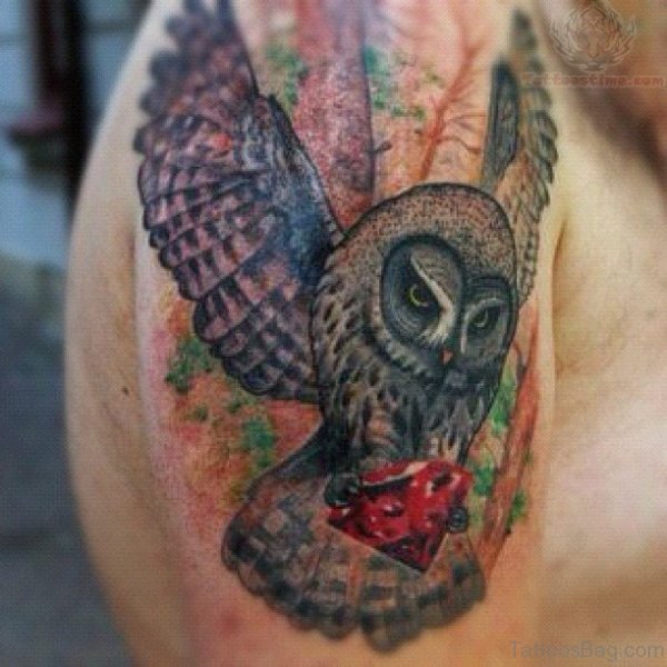 Owl With Diamond Tattoo On Shoulder