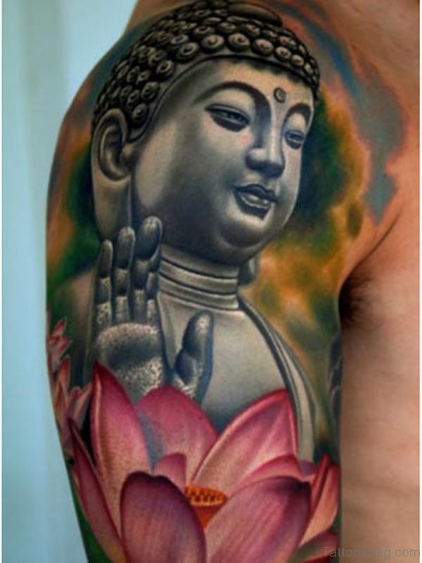 Peaceful Buddhist Tattoo Design On Shoulders