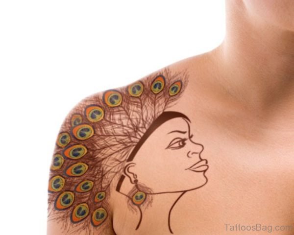 Peacock Feather Crown Tattoo On Shoulder