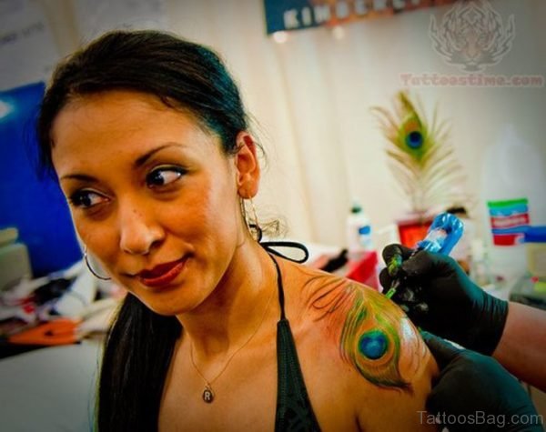 Peacock Feather Tattoo on Shoulder Blade
