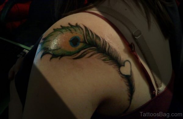 Peacock Feather With Heart Tattoo On Shoulder