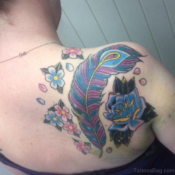 Peacock Fetahre Tattoo With Rose